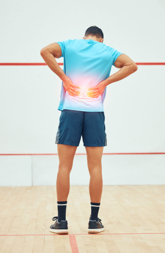 back athlete man court pain hurt playing sports training practice fitness sportsman suffering tournament squash player injury gym sore exercise