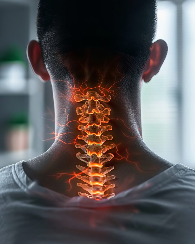 highlighted neck man with neck spine pain