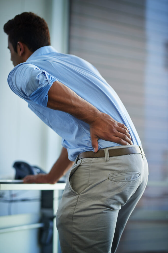 back pain bad posture injury with business man desk office accident anatomy emergency health medical spine with employee person corporate professional workplace